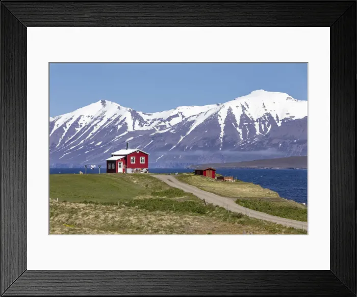 Framed Print : Iceland, Akureyri, a pretty red house on the Eyjafjorður with snow capped mountains in the distance Framed Print : Iceland, Akureyri, a pretty red house on the Eyjafjorður with snow capped mountains in the distance