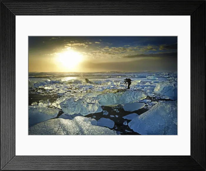 Framed Print : Photographer on Jokulsarlon Beach at Sunrise, Iceland Framed Print : Photographer on Jokulsarlon Beach at Sunrise, Iceland