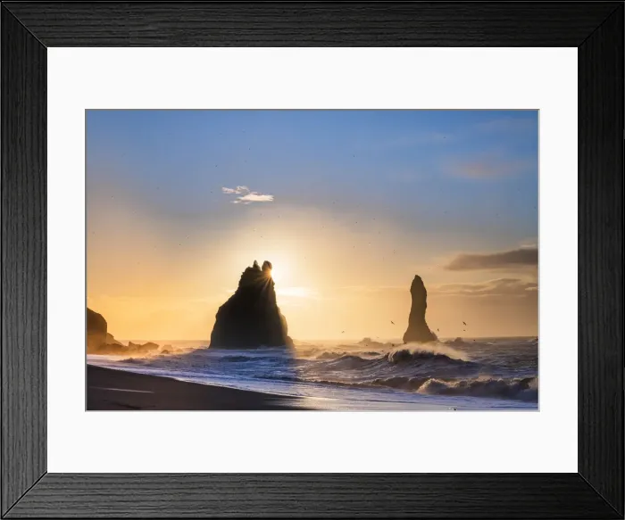 Framed Print : Sea Stacks at Reynisfjara black sand beach, Vik, Iceland, Europe Framed Print : Sea Stacks at Reynisfjara black sand beach, Vik, Iceland, Europe
