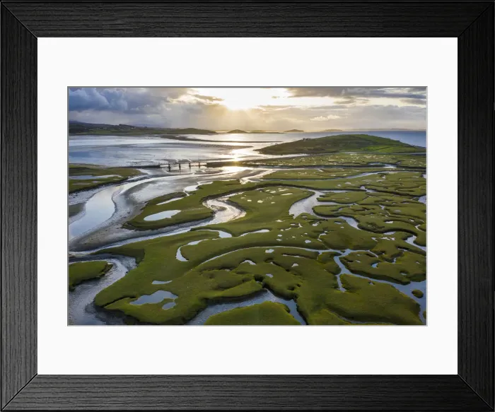 Framed Print : Aerial view of the wetlands of Mulranny, Achill Island, County Mayo, Connacht province Framed Print : Aerial view of the wetlands of Mulranny, Achill Island, County Mayo, Connacht province