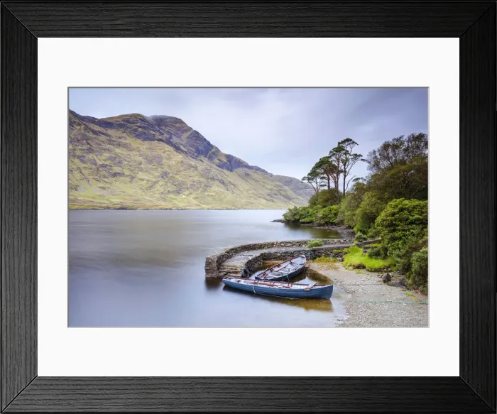Framed Print : Rowing boats moored up on Doo Lough Lake, County Mayo, Connacht province Framed Print : Rowing boats moored up on Doo Lough Lake, County Mayo, Connacht province