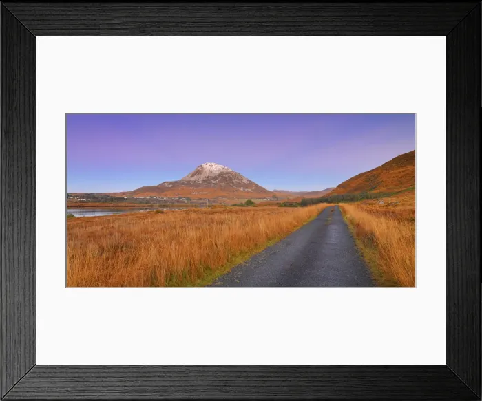 Framed Print : Ireland, Co. Donegal, Mount Errigal and country road at dusk Framed Print : Ireland, Co. Donegal, Mount Errigal and country road at dusk