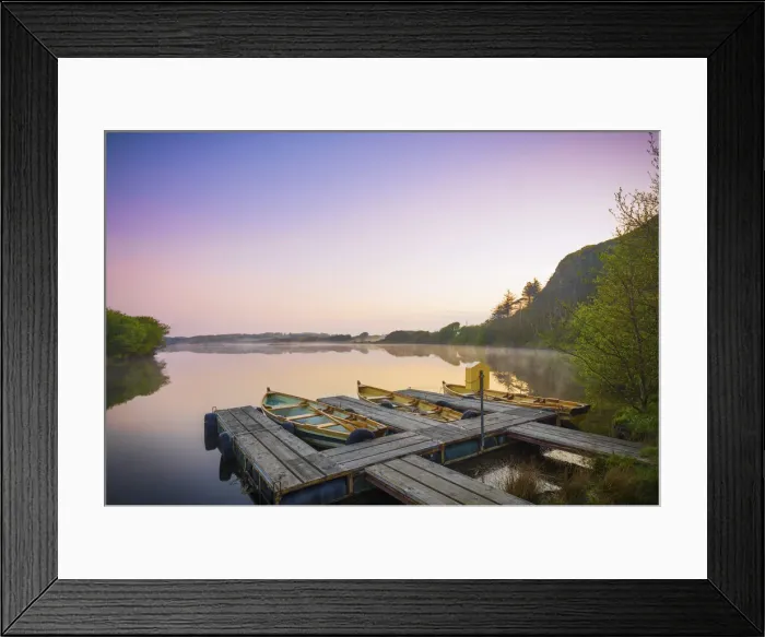 Framed Print : Ireland, Co. Donegal, Fanad, Kindrum, rowing boats on lake at dawn