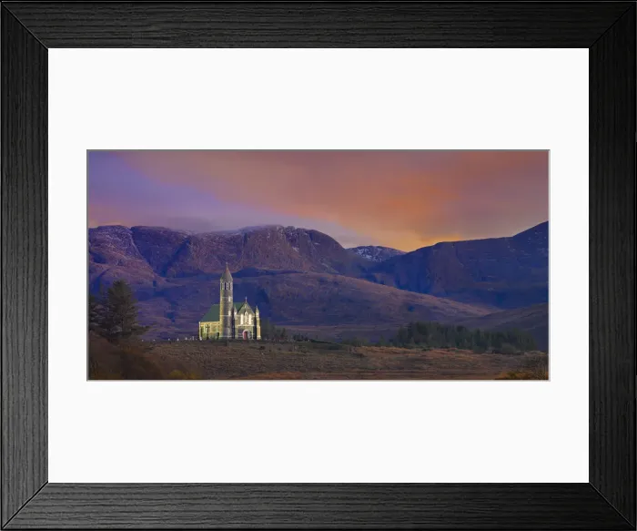Framed Print : Ireland, Co. Donegal, Sacred heart church at Dunlewey illuminated at dusk Framed Print : Ireland, Co. Donegal, Sacred heart church at Dunlewey illuminated at dusk