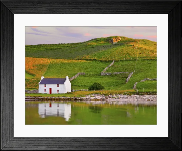 Framed Print : Ireland, Co. Donegal, Rosapenna, Downings, traditional Irish, cottage reflected (PR) Framed Print : Ireland, Co. Donegal, Rosapenna, Downings, traditional Irish, cottage reflected (PR)