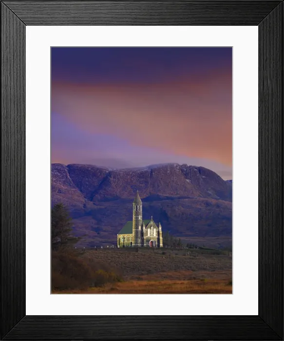 Framed Print : Ireland, Co. Donegal, Sacred heart church at Dunlewey illuminated at dusk Framed Print : Ireland, Co. Donegal, Sacred heart church at Dunlewey illuminated at dusk