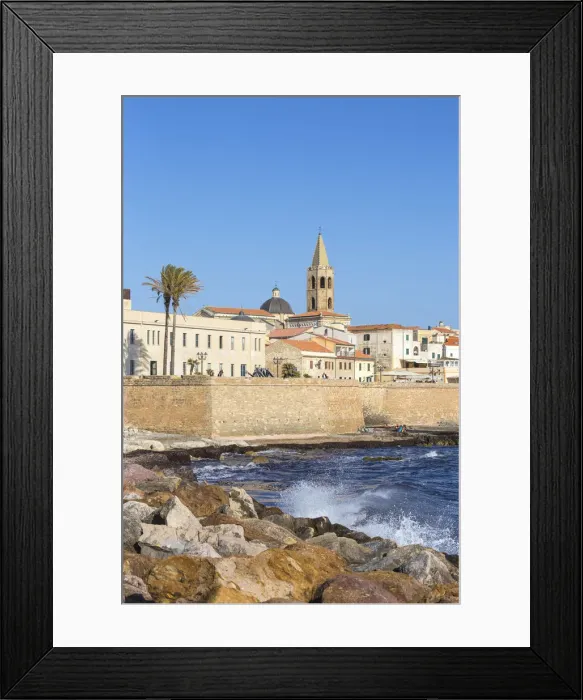 Framed Print : Italy, Sardinia, Alghero, View of ancient city walls and the historical center