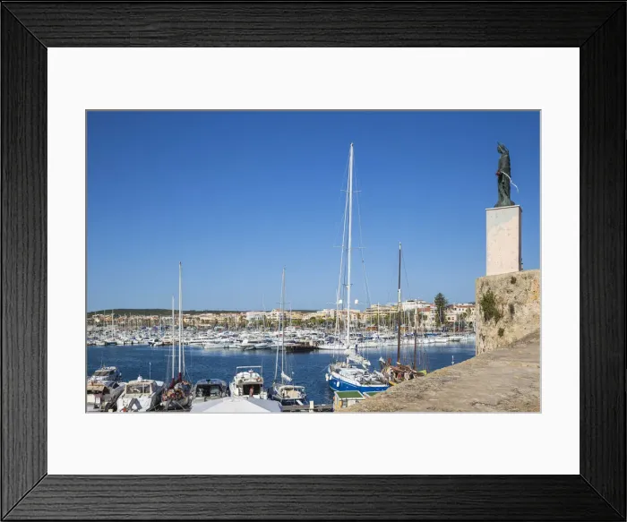 Framed Print : Italy, Sardinia, Alghero, View of harbour and St Elmo statue Framed Print : Italy, Sardinia, Alghero, View of harbour and St Elmo statue