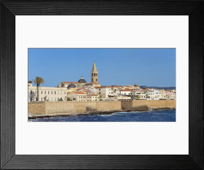 Framed Print : Italy, Sardinia, Alghero, View of ancient city walls and the historical center