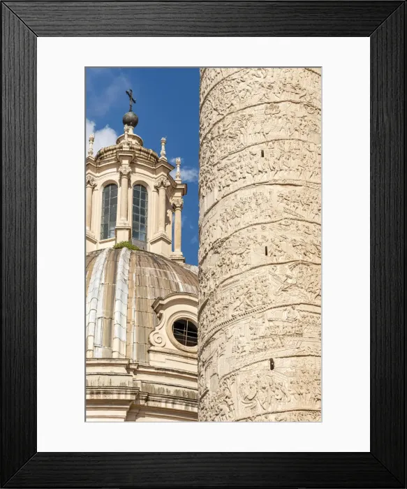 Framed Print : Europe, Italy, Rome. Close up of the Trajans column with the cupola of the church Framed Print : Europe, Italy, Rome. Close up of the Trajans column with the cupola of the church