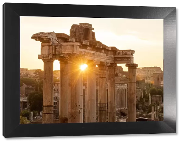 Europe, Italy, Rome. The Forum Romanum with the temple of Saturn in the rising sun