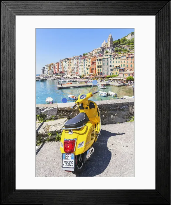 Framed Print : Yellow Vespa scooter parked near harbour, Portovenere, La Spezia district, Liguria, Italy Framed Print : Yellow Vespa scooter parked near harbour, Portovenere, La Spezia district, Liguria, Italy