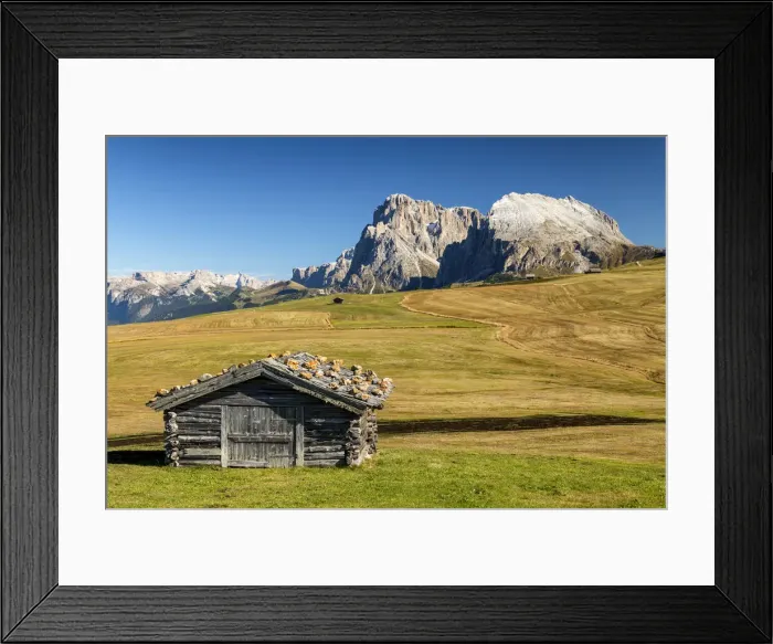 Framed Print : Alpe di Siusi with view of Sassolungo and Sassopiatto, Dolomites, Italy Framed Print : Alpe di Siusi with view of Sassolungo and Sassopiatto, Dolomites, Italy
