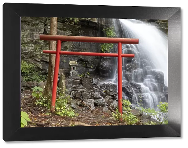 Japan, Yamanashi Prefecture, lake Kawaguchi, a torii gate next to a waterfall