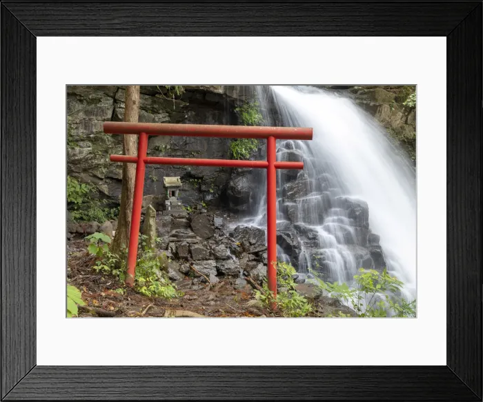 Framed Print : Japan, Yamanashi Prefecture, lake Kawaguchi, a torii gate next to a waterfall