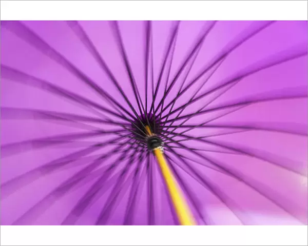 Motion blurred spinning traditional purple Japanese parasol or umbrella with a bamboo