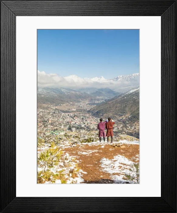 Framed Print : Two locals looking at city of Thimphu, Bhutan