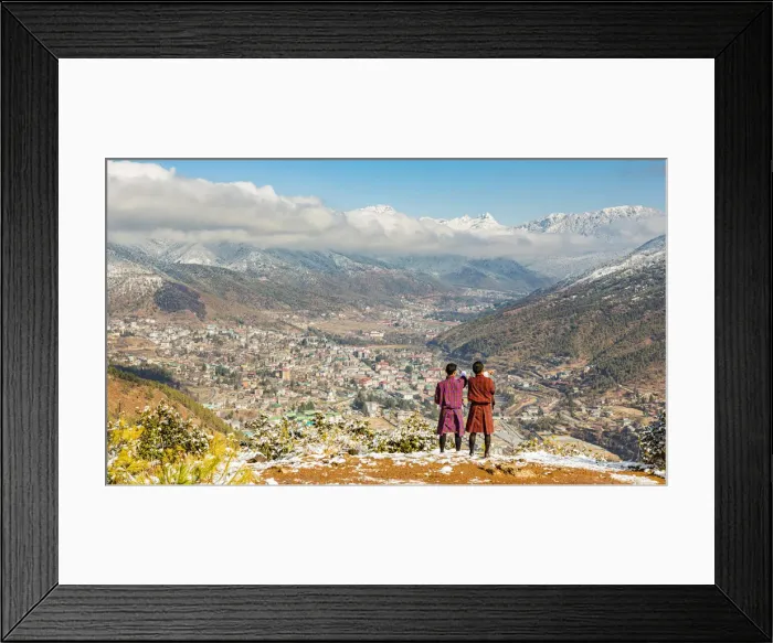 Framed Print : Two locals looking at city of Thimphu, Bhutan Framed Print : Two locals looking at city of Thimphu, Bhutan