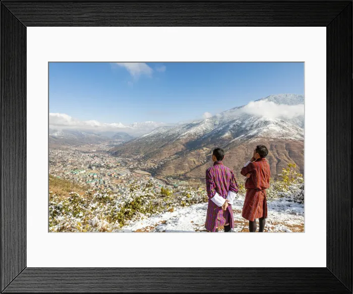 Framed Print : Two locals looking at city of Thimphu, Bhutan Framed Print : Two locals looking at city of Thimphu, Bhutan