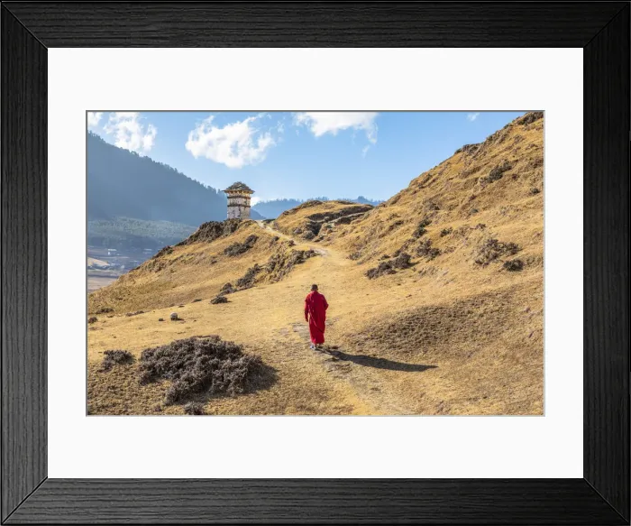 Framed Print : Novice Monk (Child Monk) walking in Phobjikha Valley, Bhutan