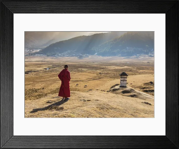 Framed Print : Novice Monks (Child Monks) looking at stupa in Phobjikha Valley, Bhutan Framed Print : Novice Monks (Child Monks) looking at stupa in Phobjikha Valley, Bhutan