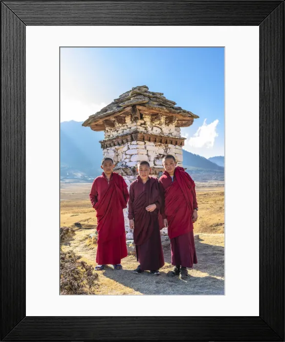 Framed Print : Novice Monks (Child Monks) standing in front of a stupa in Phobjikha Valley, Bhutan Framed Print : Novice Monks (Child Monks) standing in front of a stupa in Phobjikha Valley, Bhutan