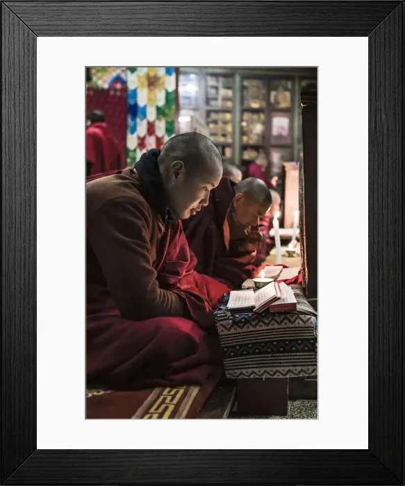 Framed Print : Monks during evening candle light prayer in Lhodrak Kharchu monastery, Jakar Framed Print : Monks during evening candle light prayer in Lhodrak Kharchu monastery, Jakar