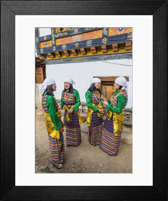 Framed Print : Female performers talking at a local festival in Paro District, Bhutan Framed Print : Female performers talking at a local festival in Paro District, Bhutan