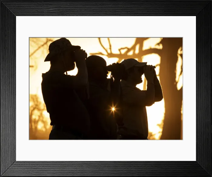 Framed Print : People on Safari, gameviewing at sunset, Moremi National Park, Okavango Delta, Botswana Framed Print : People on Safari, gameviewing at sunset, Moremi National Park, Okavango Delta, Botswana