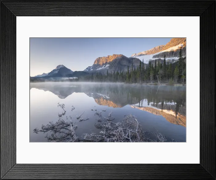 Framed Print : Morning mist burns off the still reflective waters of Bow Lake in the Canadian Rockies Framed Print : Morning mist burns off the still reflective waters of Bow Lake in the Canadian Rockies