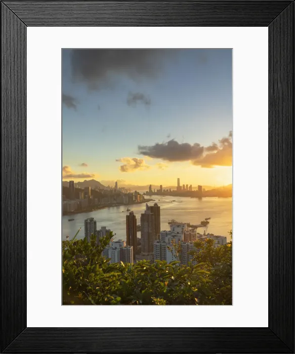 Framed Print : Skyline of Hong Kong Island and Kowloon at sunset, Hong Kong Framed Print : Skyline of Hong Kong Island and Kowloon at sunset, Hong Kong