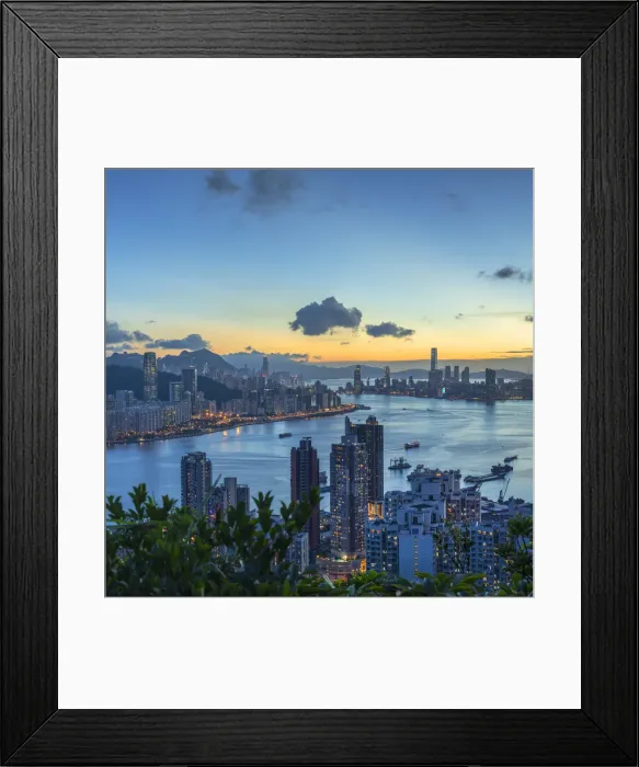 Framed Print : Skyline of Hong Kong Island and Kowloon at sunset, Hong Kong Framed Print : Skyline of Hong Kong Island and Kowloon at sunset, Hong Kong