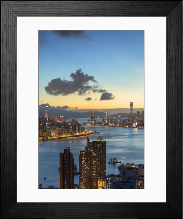 Framed Print : Skyline of Hong Kong Island and Kowloon at sunset, Hong Kong Framed Print : Skyline of Hong Kong Island and Kowloon at sunset, Hong Kong