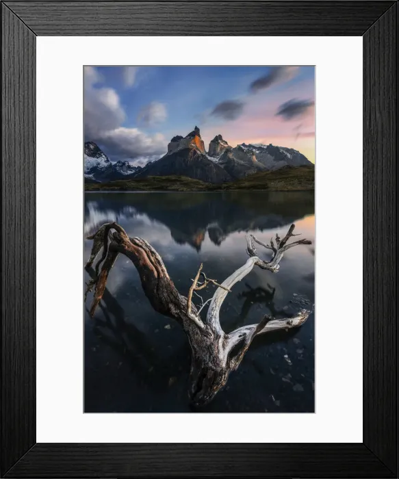 Framed Print : Cuernos del Paine at sunrise in autumn, Patagonia, Chile Framed Print : Cuernos del Paine at sunrise in autumn, Patagonia, Chile