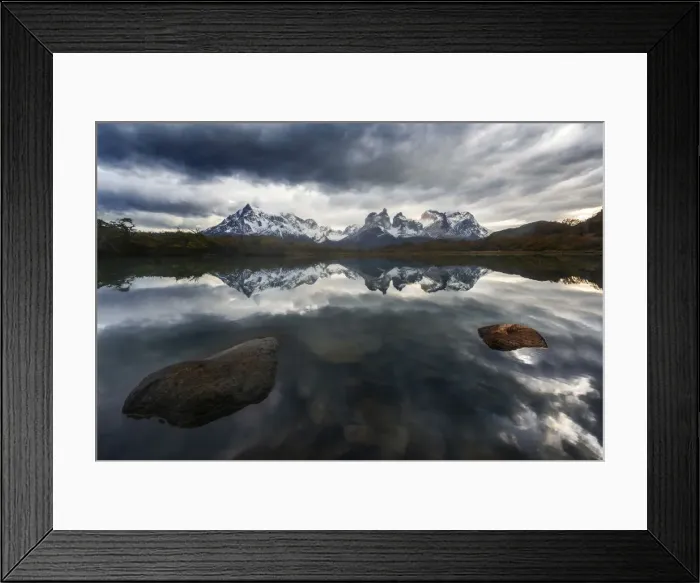 Framed Print : Torres del Paine mountain range during a cloudy sunrise, Patagonia, Chile Framed Print : Torres del Paine mountain range during a cloudy sunrise, Patagonia, Chile