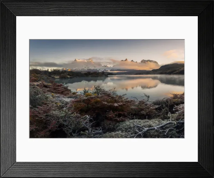 Framed Print : Torres del Paine mountain range at sunrise with fog, Patagonia, Chile Framed Print : Torres del Paine mountain range at sunrise with fog, Patagonia, Chile