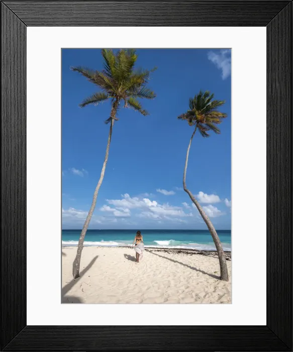 Framed Print : Woman with pareo walks on the beach of Bottom Bay, Barbados Island, Lesser Antilles Framed Print : Woman with pareo walks on the beach of Bottom Bay, Barbados Island, Lesser Antilles
