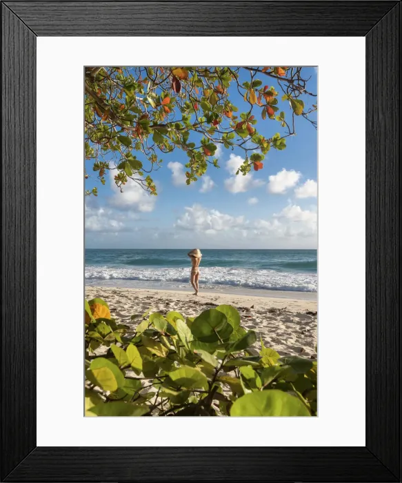 Framed Print : Woman with hat walks on waterfront of Miami Beach, Barbados Island, Lesser Antilles