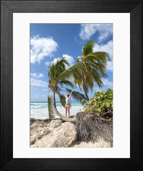 Framed Print : Happy woman on the curved palm tree, Dover Beach, Oistins, Barbados Island Framed Print : Happy woman on the curved palm tree, Dover Beach, Oistins, Barbados Island