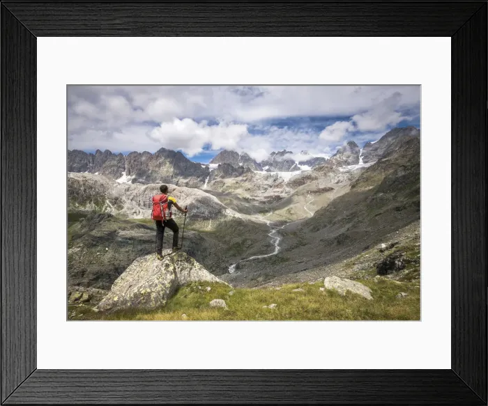 Framed Print : Hiker looking the peaks of the Bernina Group, Valmalenco, Province of Sondrio, Valtellina Framed Print : Hiker looking the peaks of the Bernina Group, Valmalenco, Province of Sondrio, Valtellina