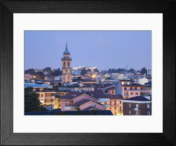 Framed Print : Cityscape and bell tower of San Vittore in Varese at dusk, Varese, Lombardy, Italy Framed Print : Cityscape and bell tower of San Vittore in Varese at dusk, Varese, Lombardy, Italy