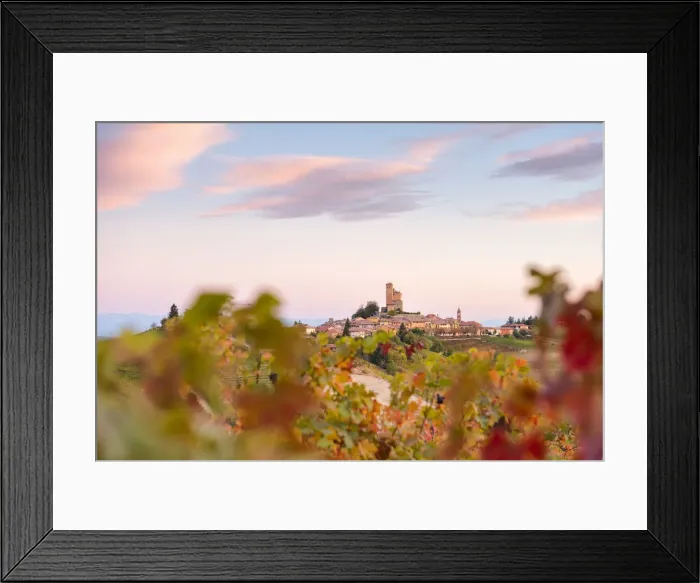 Framed Print : Serralunga d Alba framed by vineyards during autumn sunrise Framed Print : Serralunga d Alba framed by vineyards during autumn sunrise