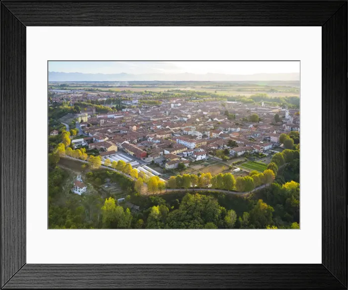 Framed Print : Aerial view Cherasco village from hot air baloon, Cuneo Province, Piedmont, Italy, Europe