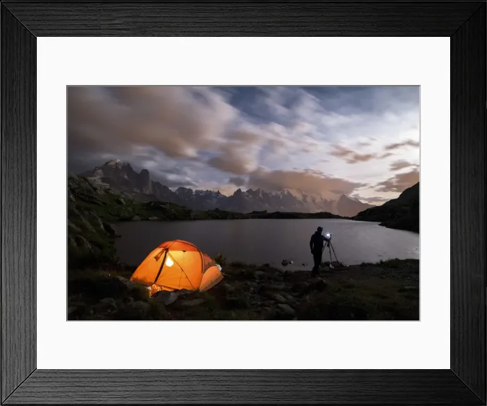 Framed Print : Tent and photographer in front of Mont Blanc from Lac de Chesery during summer night Framed Print : Tent and photographer in front of Mont Blanc from Lac de Chesery during summer night