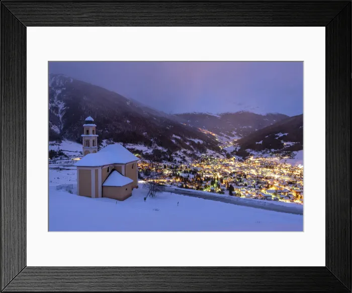 Framed Print : Dusk at Madonna di Ogas Church and Bormio town during winter, Bormio Framed Print : Dusk at Madonna di Ogas Church and Bormio town during winter, Bormio