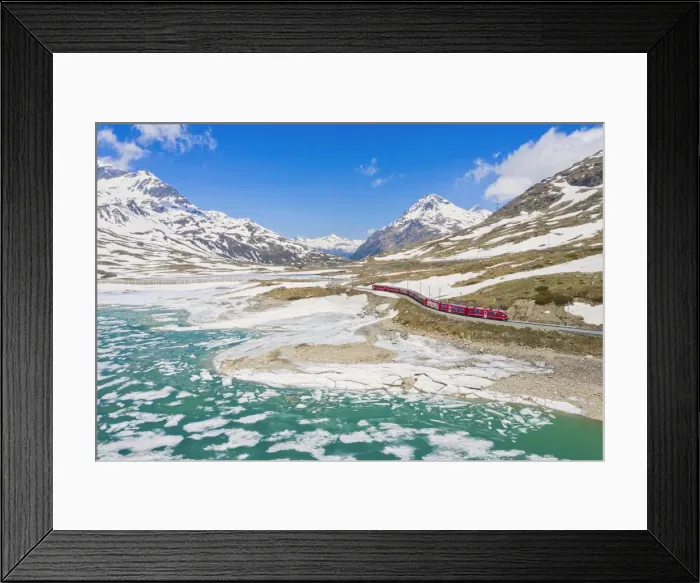 Framed Print : Bernina Express train at Lago Bianco during thaw, Bernina Pass, canton of Graubunden Framed Print : Bernina Express train at Lago Bianco during thaw, Bernina Pass, canton of Graubunden