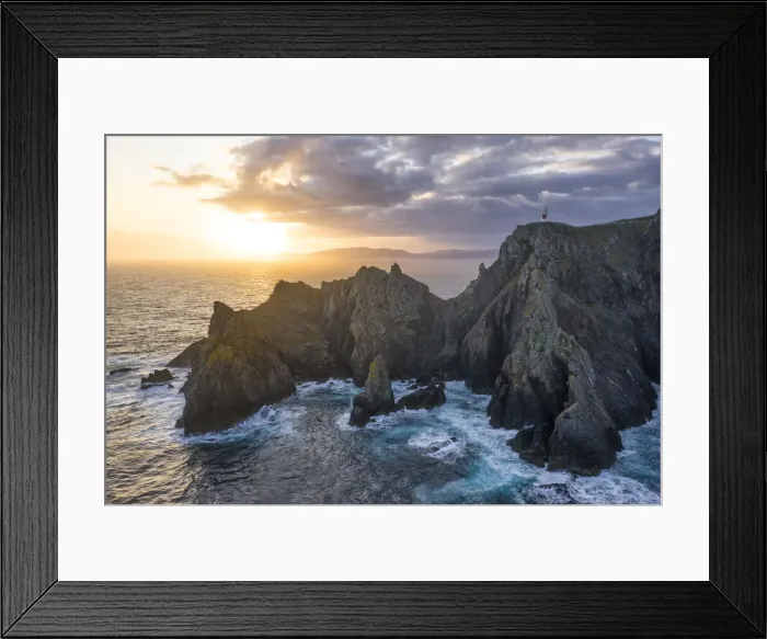 Framed Print : Aerial view of Cape Ortegal lighthouse at sunrise. Carino, La Corona, Galicia, Spain Framed Print : Aerial view of Cape Ortegal lighthouse at sunrise. Carino, La Corona, Galicia, Spain