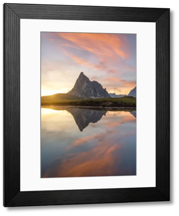 Framed Print : the Ra Gusela mountain reflected in small puddle of water at sunset, Giau Pass, Dolomiti