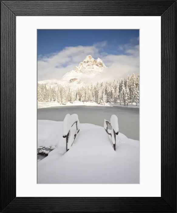 Framed Print : a famous Tre Cime of Lavaredo seen from the Antorno lake in winter time, Dolomiti Framed Print : a famous Tre Cime of Lavaredo seen from the Antorno lake in winter time, Dolomiti