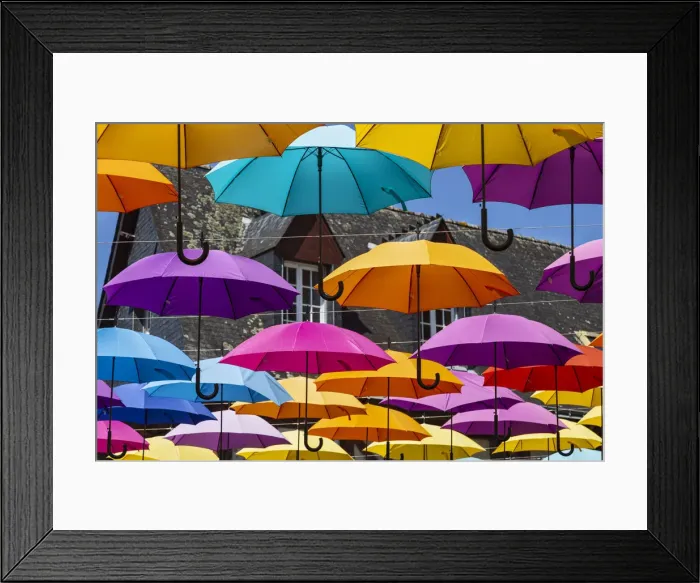 Framed Print : Brittany, Morbihan, Pontivy, France. Umbrellas adorn Pontivy village